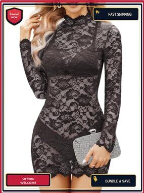Lace Mini Dress Long Sleeve Bodycon See-Through Club Night Out
